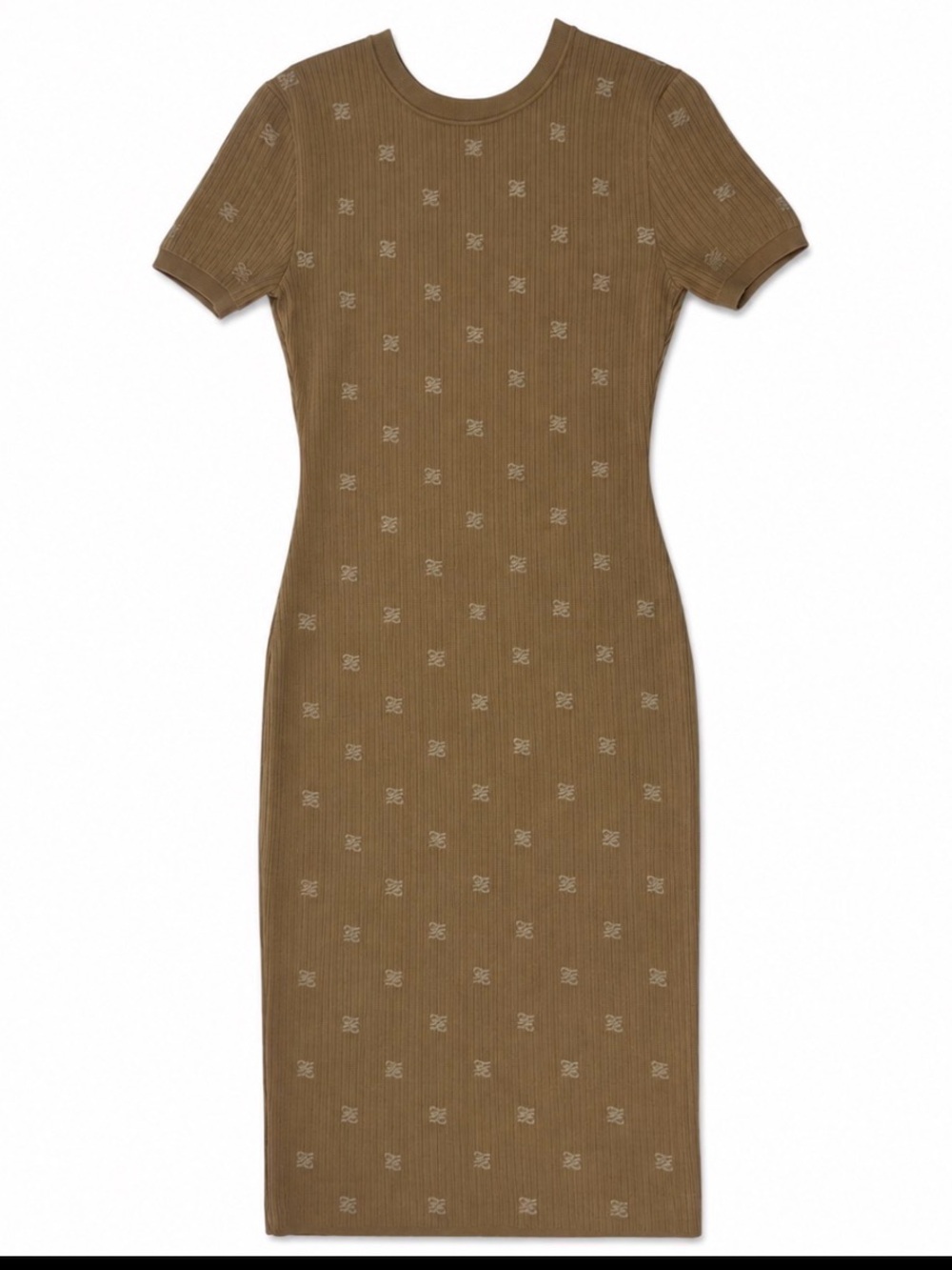 FendiRibbed Short-Sleeve Midi Dress in Olive Brown Size 42